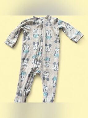 Disney Grey One-Piece Footie with Aqua Bow Minnie & Mickey Print